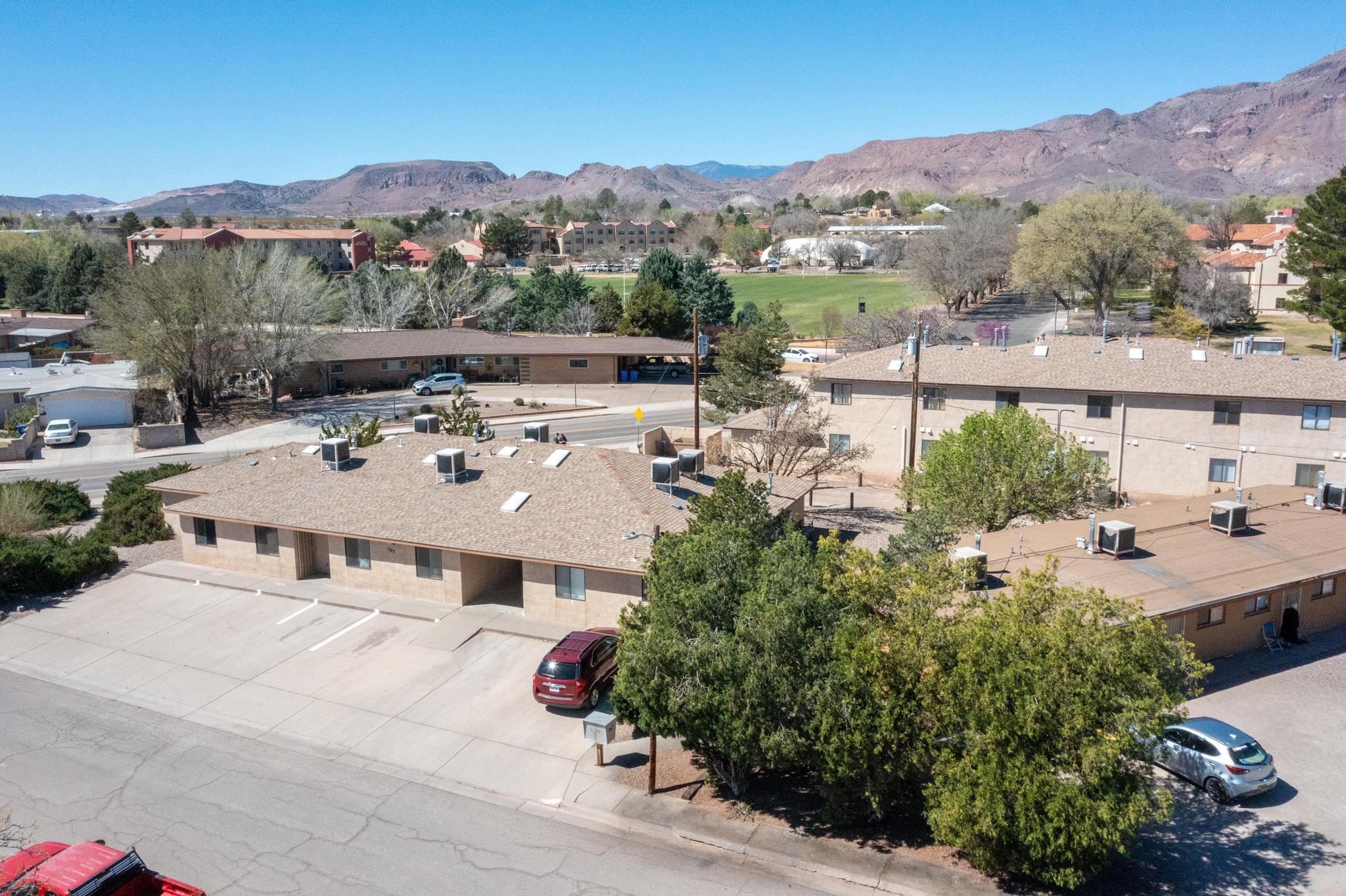705 Bursum aerial view showing street frontage and NM Tech campus