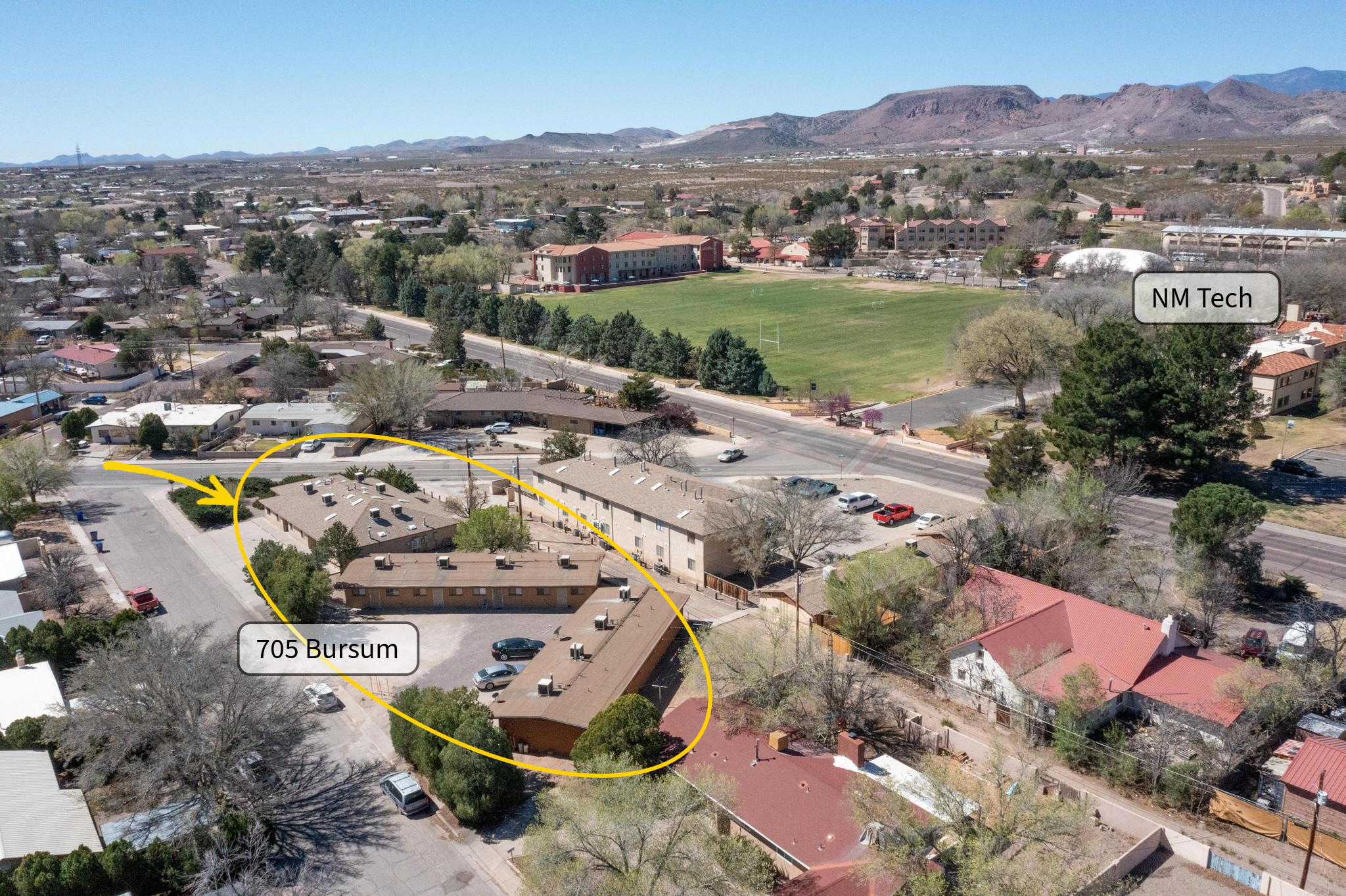 705 Bursum annotated aerial view showing property location adjacent to NM Tech campus